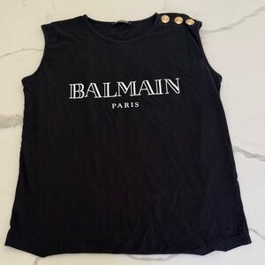 Balmain Black Logo Sleeveless Top with Gold Shoulder Buttons